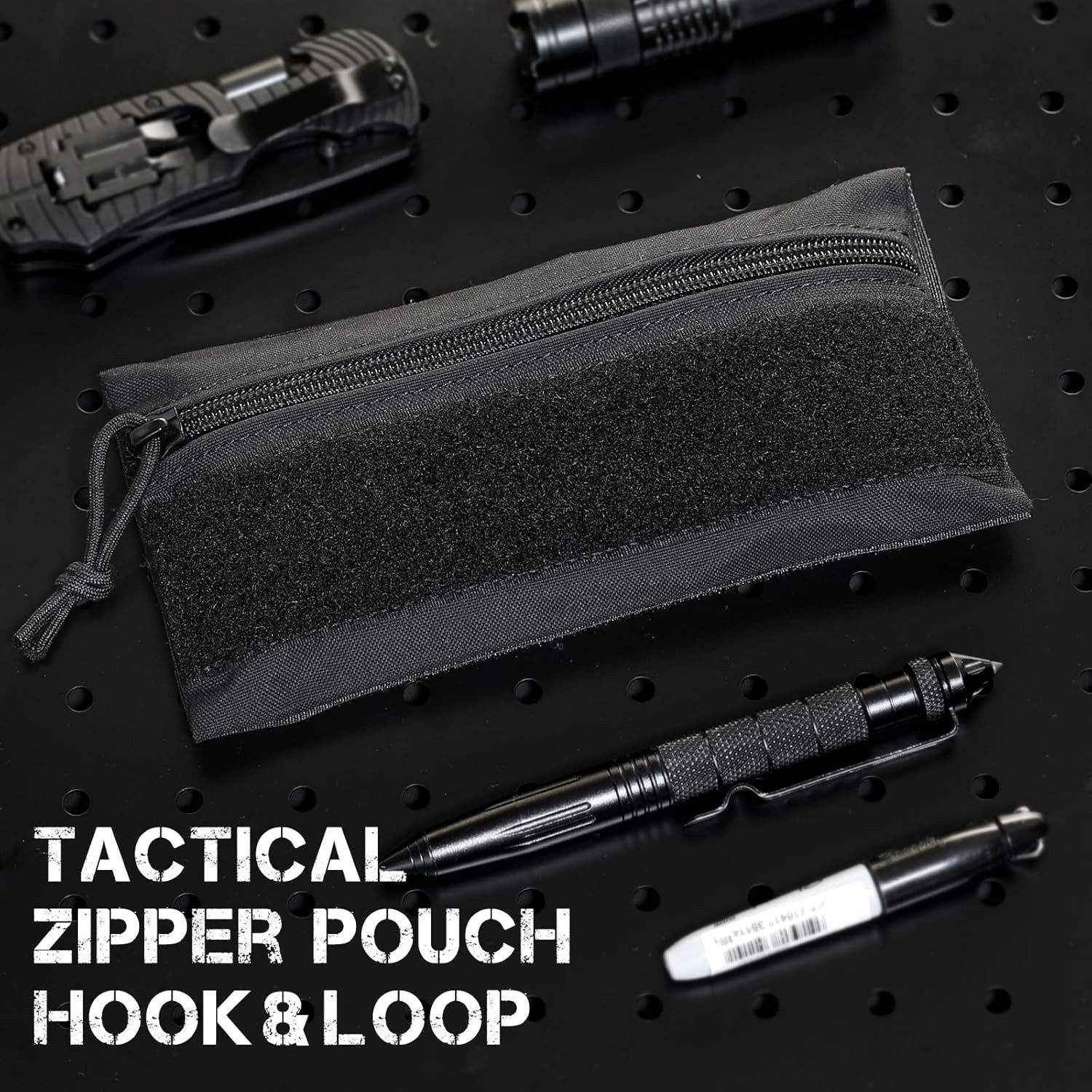 Tactical Zipper Pouch Utility Organizer Bag Insert Nylon Black with Hook Backing