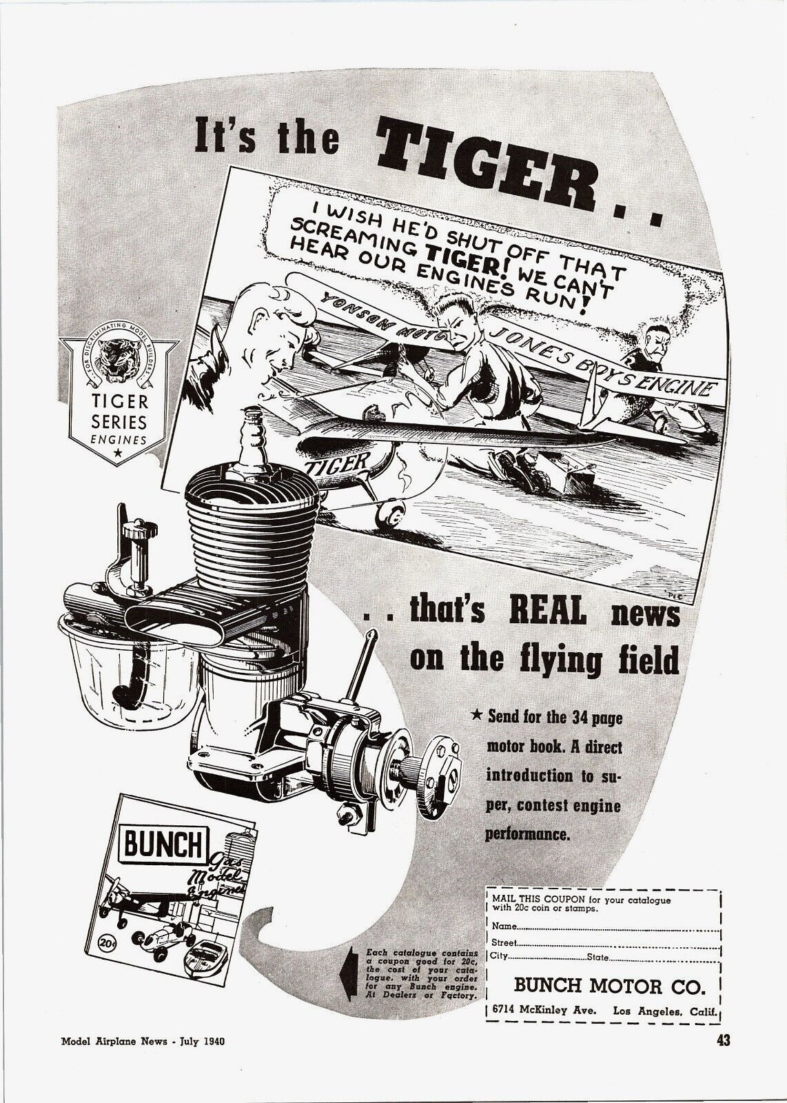 BUNCH Tiger Aero RC Motor 1940 Print Ad Wall Art Ephemera