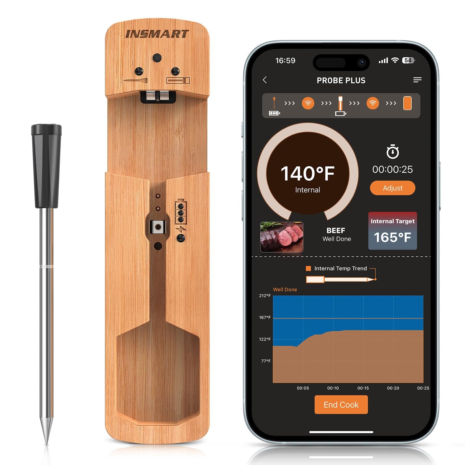 INSMART wireless meat thermometer Bluetooth 330FT Wood