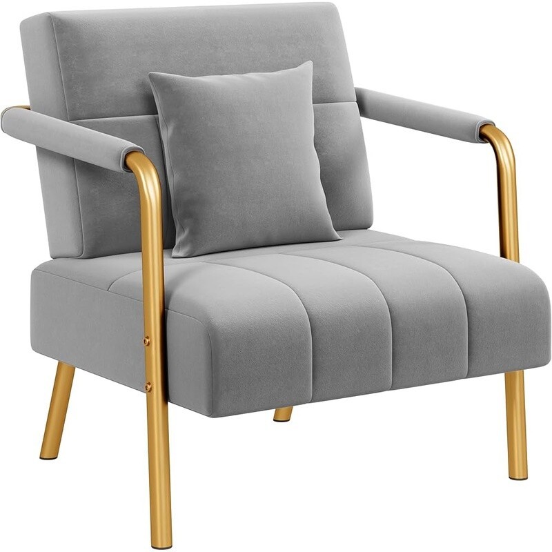 Modern Velvet Accent Chair W/ Metal Arms Cozy Upholstered Reclining Sofa New