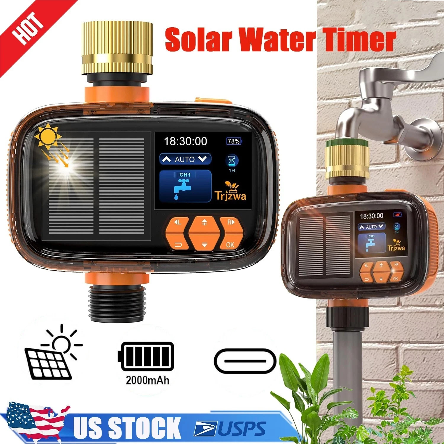 SOLAR GARDEN HOSE WATER SPRINKLER TIMER  SMART IRRIGATION SYSTEM  2000mAh USB-C