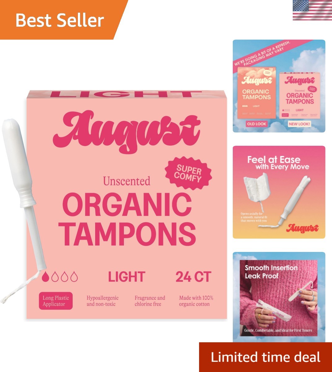 Light Tampons - 24-Pack 100% Organic Cotton Tampons for Women and Anyone Who ...
