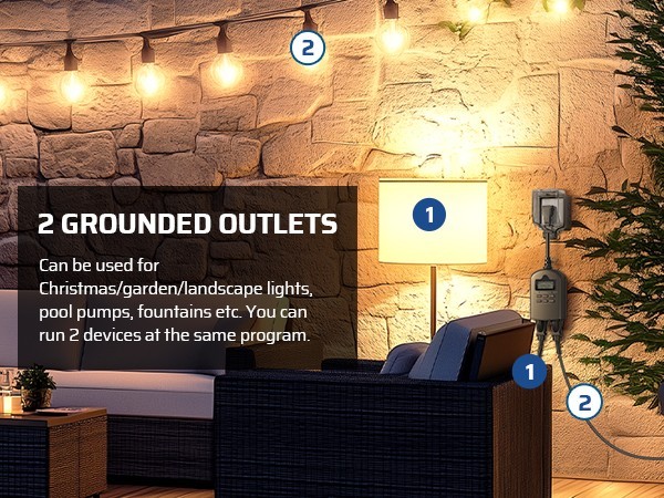 DEWENWILS Outdoor Timer Outlet Waterproof Programmable 2 Outlet 15A Heavy Duty