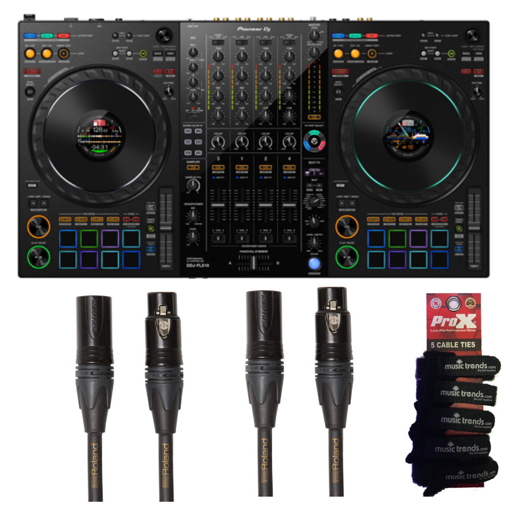 Pioneer DJ DDJ-FLX10 Pro DJ Controller + 2x Roland Gold 25' XLRs