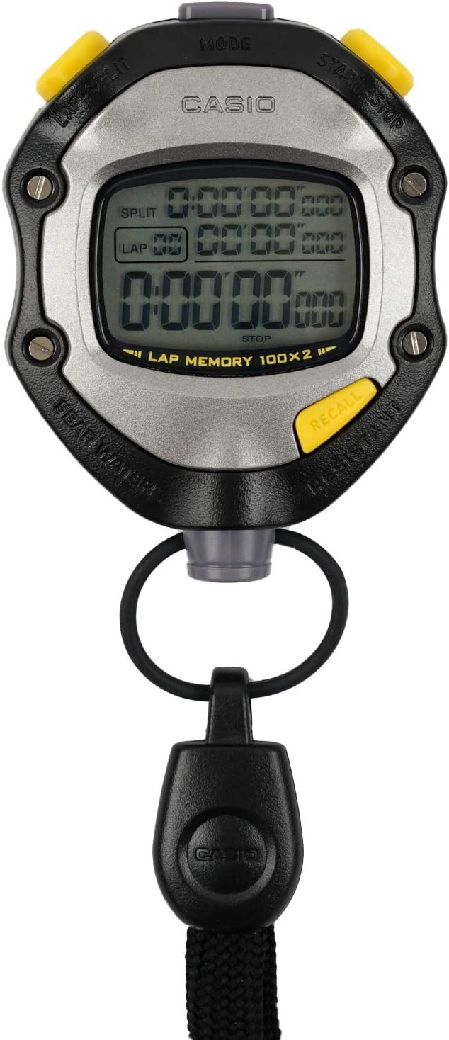 CASIO HS-70W-1JH Stopwatch – 2 Memory Lap/Split Timer, Silent Mode, 5 ATM