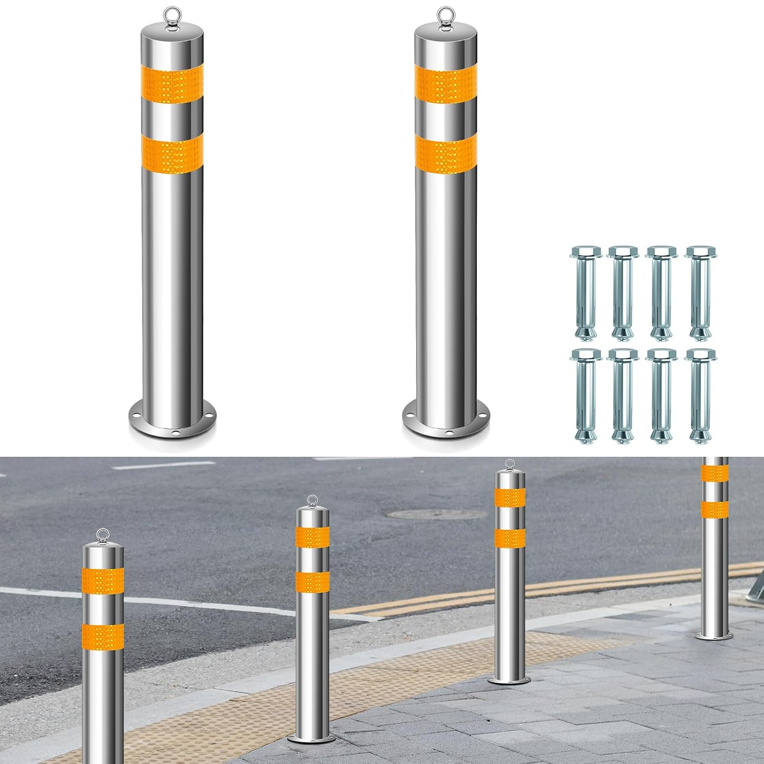 Stainless Steel Parking Bollard Post with Reflective Strips - 2 Pack