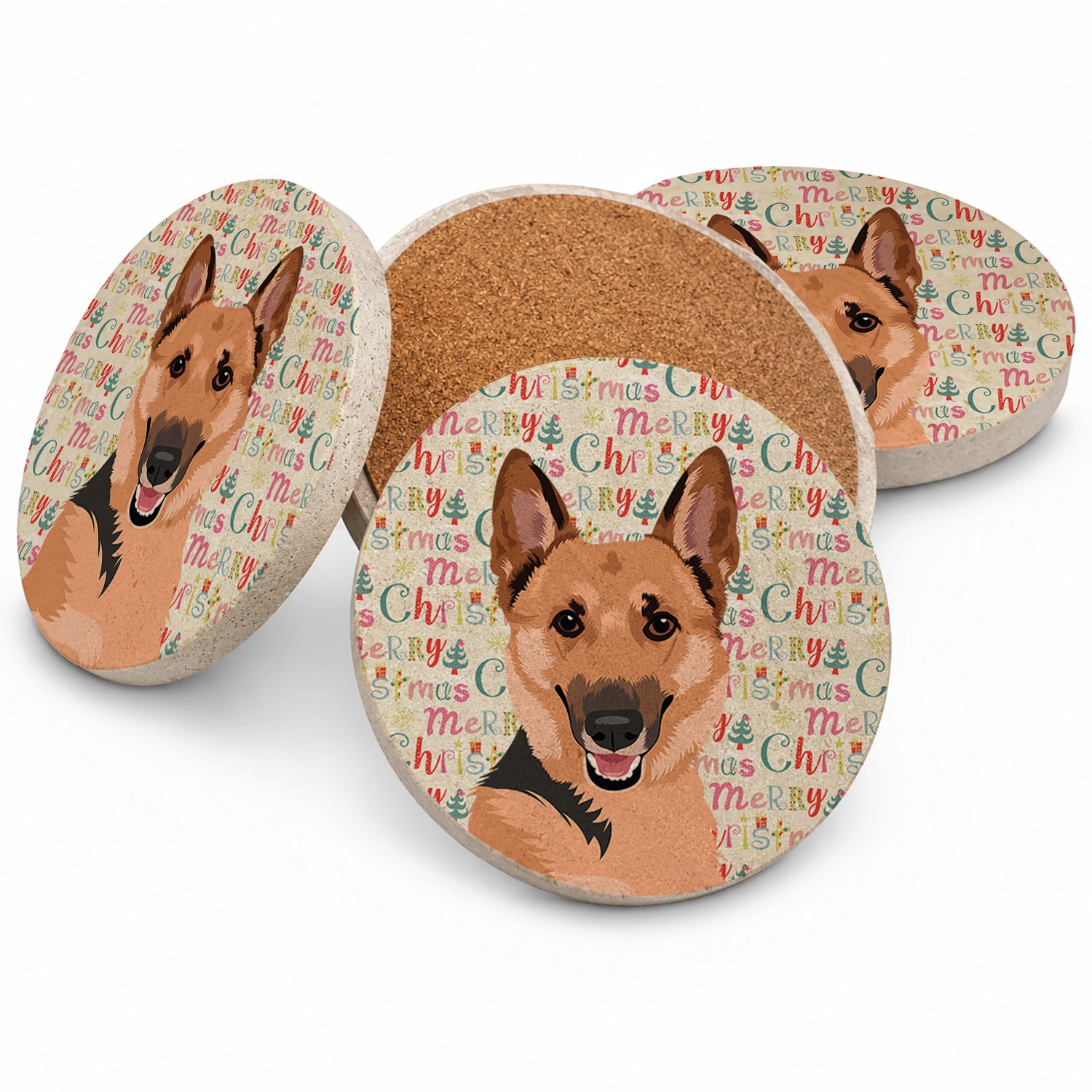 Caroline's Treasures German Shepherd Black Tan  Christmas Sandstone Coaster Pk 4