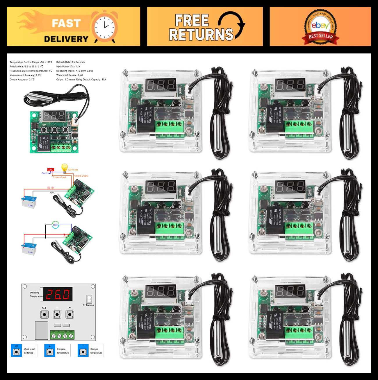 6PCS Digital Thermostat Module with LCD Display, Waterproof NTC Probe, -50~110℃,