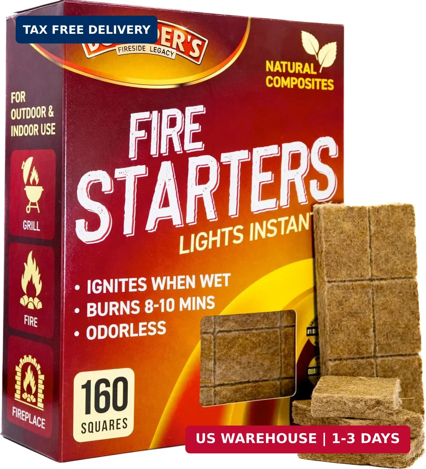 Fire Starter Cubes, 160 pcs - Bulk Pack - Firestarter Squares for Fireplace, Fir
