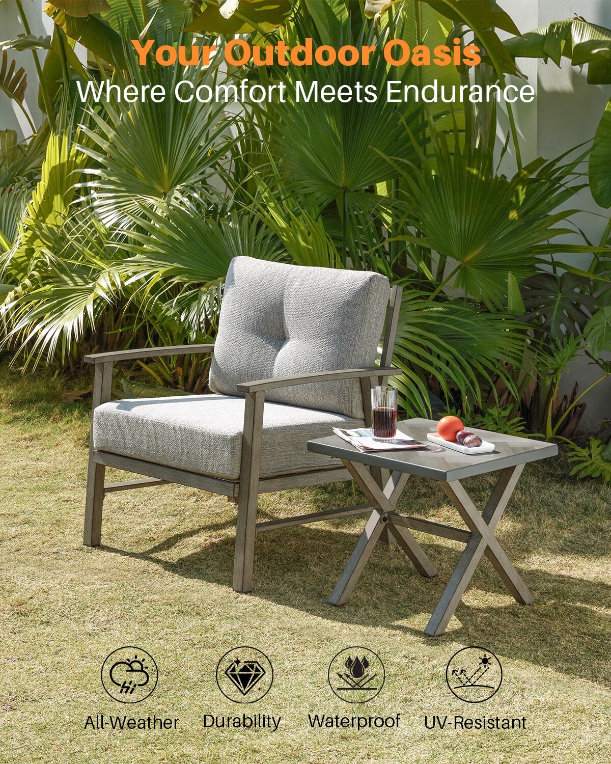 SeeHill 2 Pieces Outdoor Patio Chairs Limed Oak Aluminum Conversation Sofa Chair