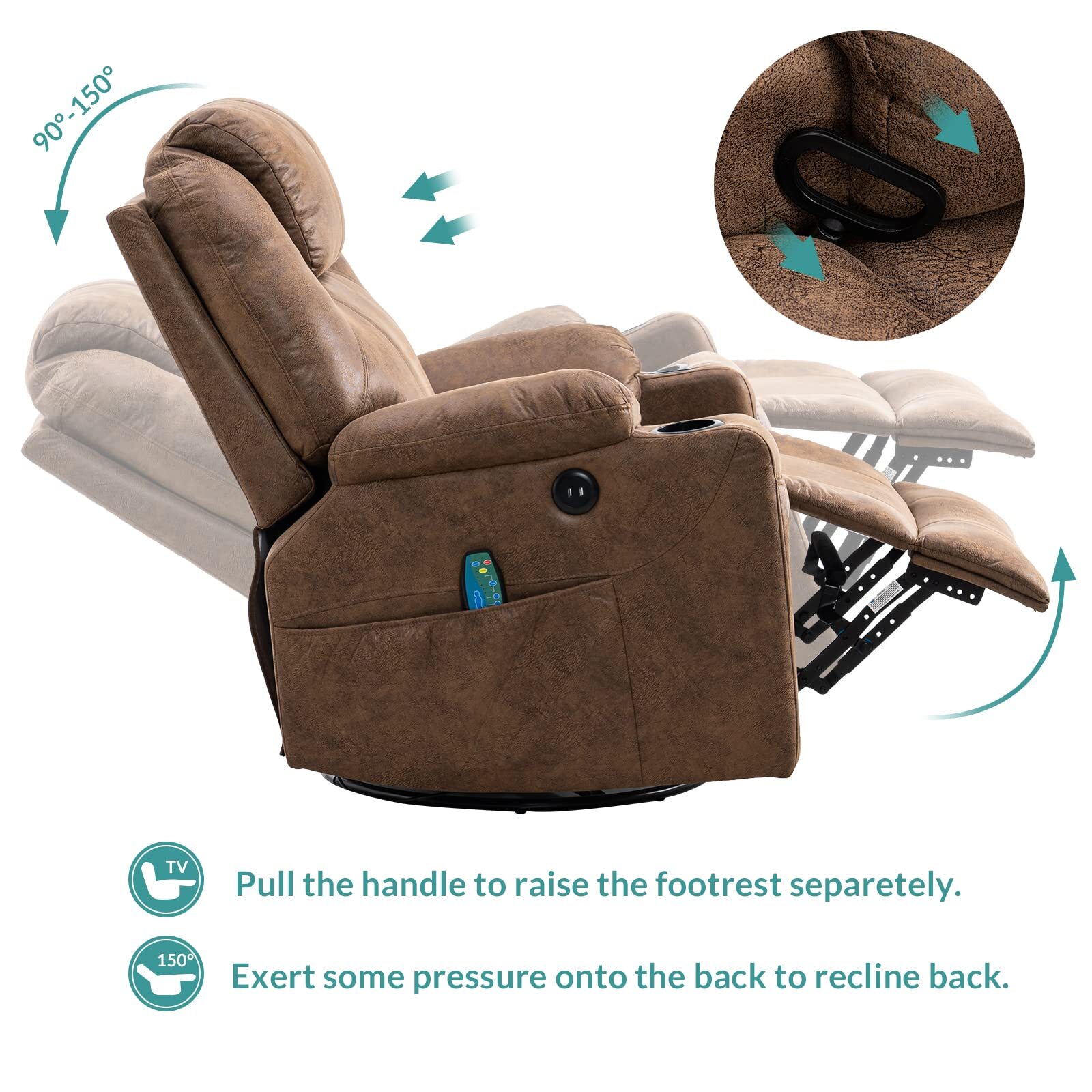 Massage Recliner Chair Swivel Rocker Glider Heated Rocking Recliner W/ USB Ports