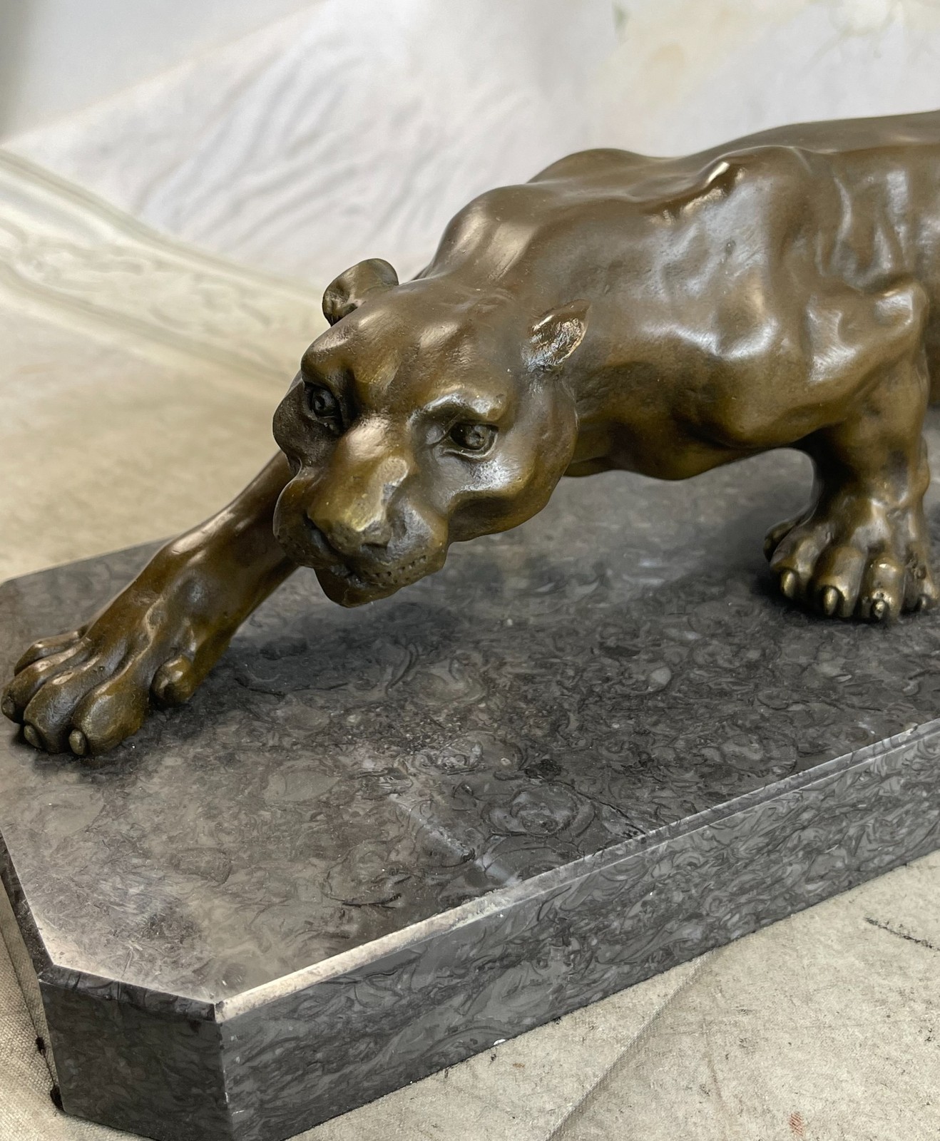 Barye African Lioness Wildlife Animal Bronze Statue Marble Figure Art Decor SALE