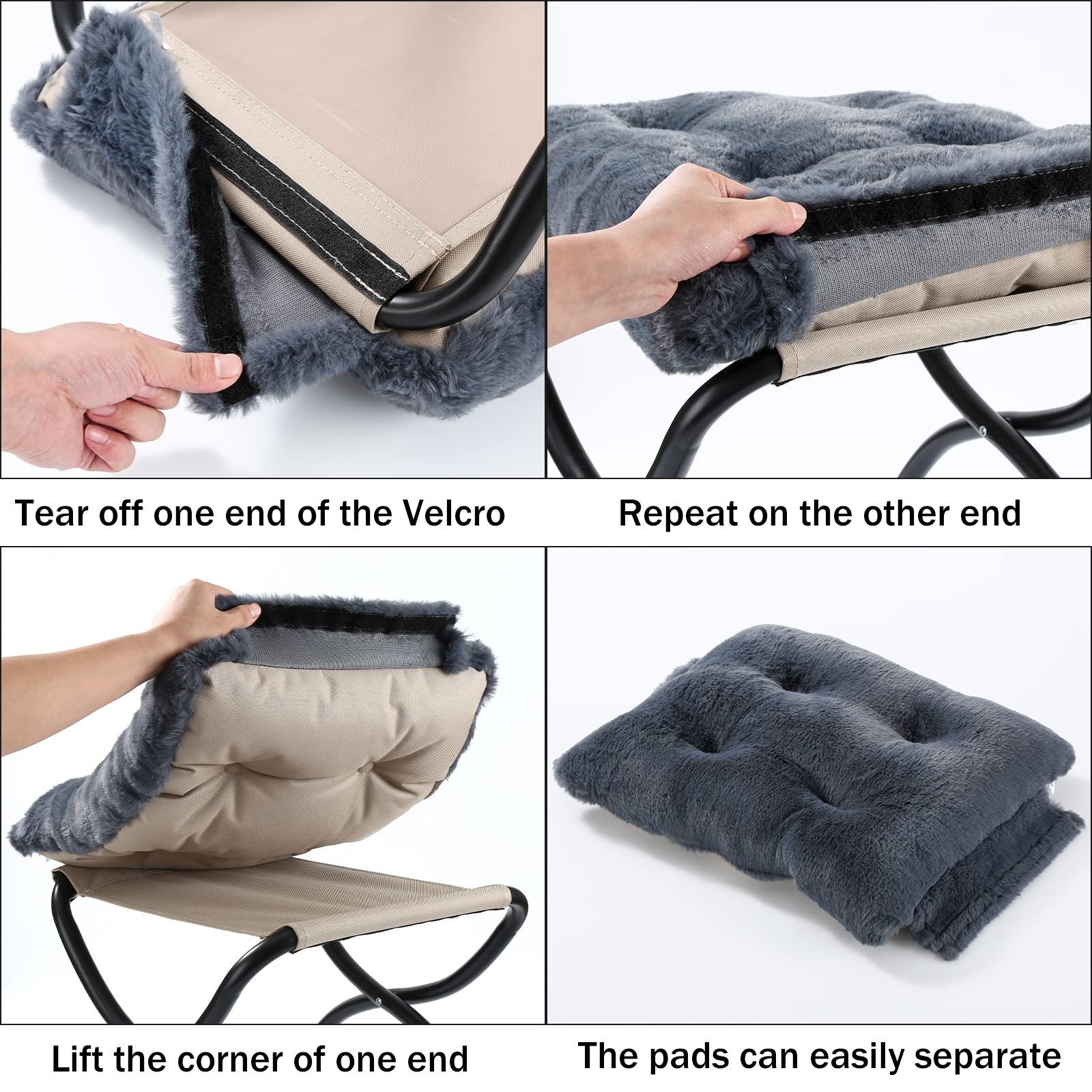 WELL-STRONG 15" Foldable Ottoman Foot Stool Metal Frame Washable Faux Fur Navy