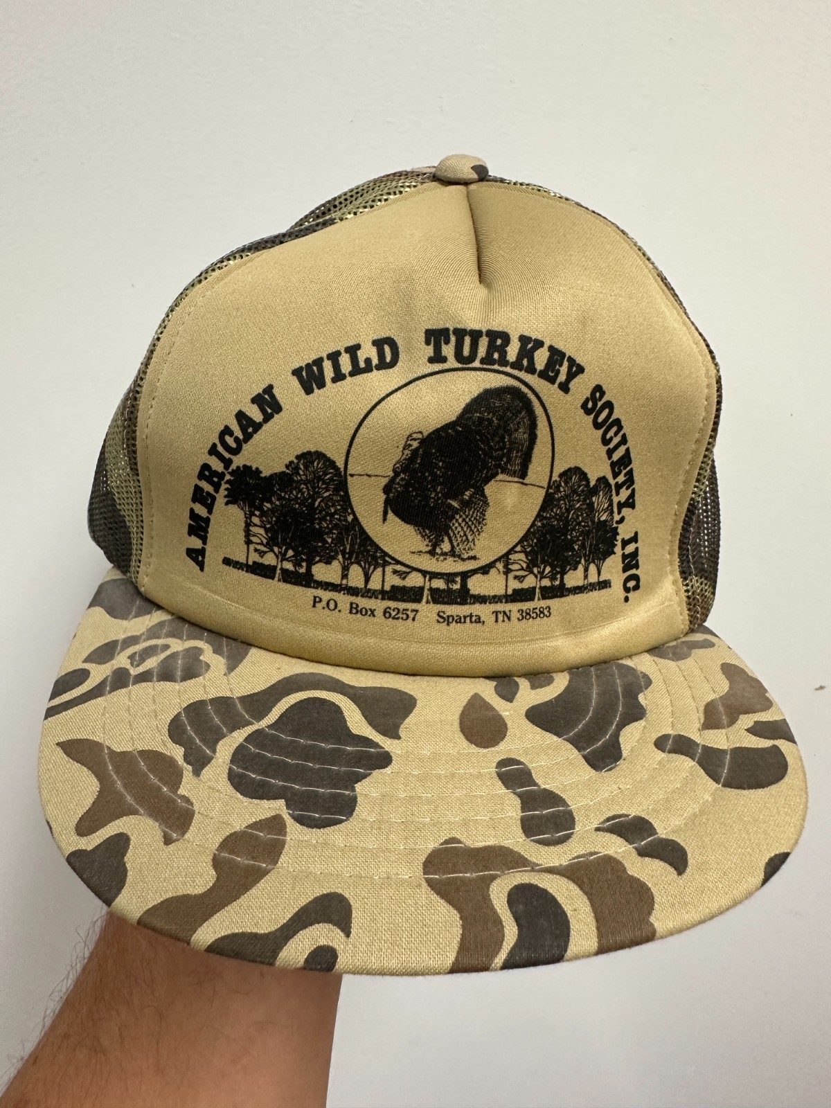 VTG 80s American Wild Turkey Society Snapback Hat Cap Camo Hunting Foam Trucker