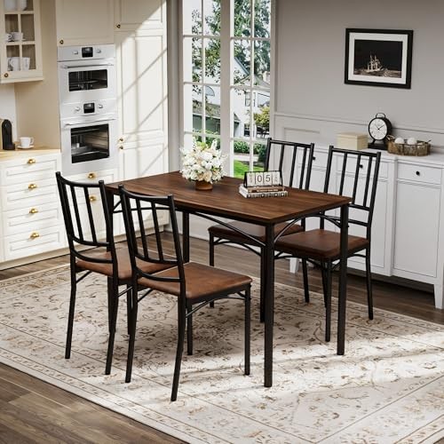 GDFStudio 43.3" Dining Table Set with 4 Chairs, Industrial Kitchen Bar Walnut