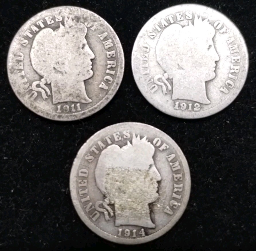 Lot Of 3 Barber Dimes 1911 1912 1914 90% Silver