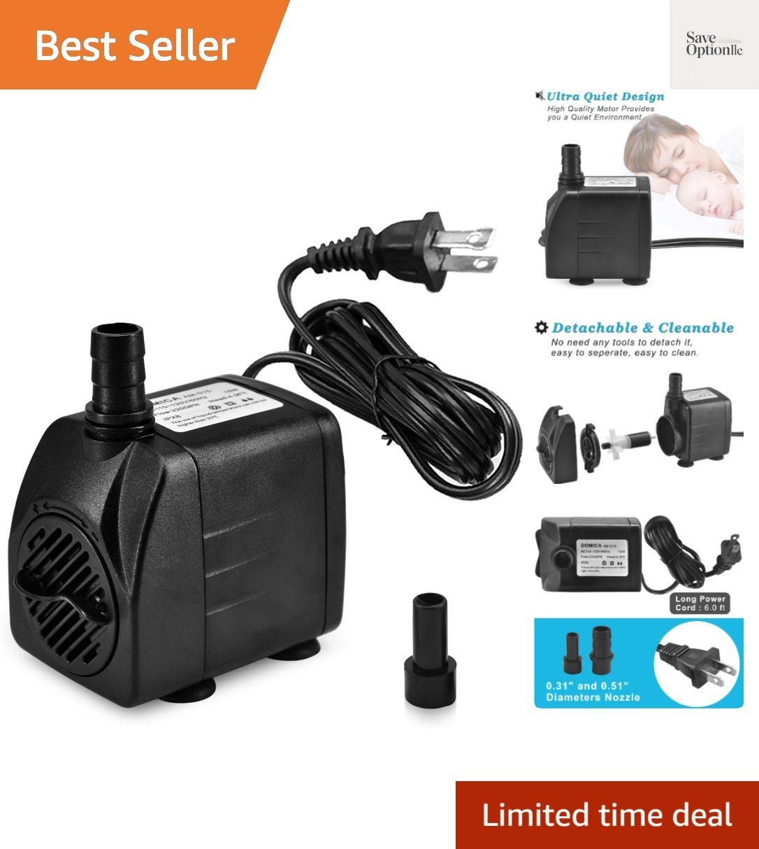 220GPH Ultra Quiet Fountain Pump 15W 800L/H, Small Submersible Pump for Pond,...