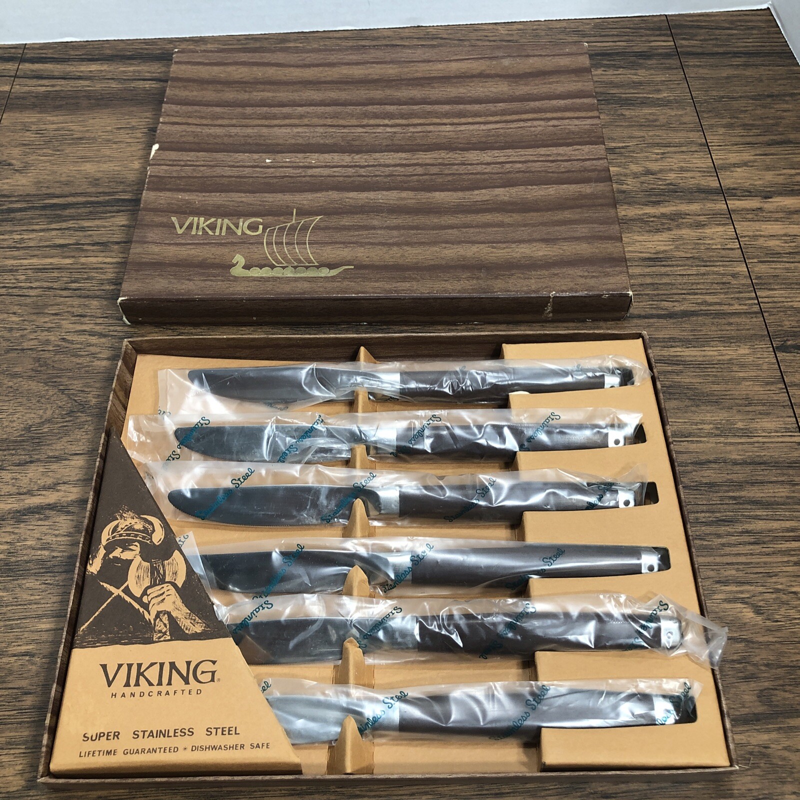 6x Vtg Viking Super Stainless Steel Dinner Knives MCM Japan Wood Style Handle