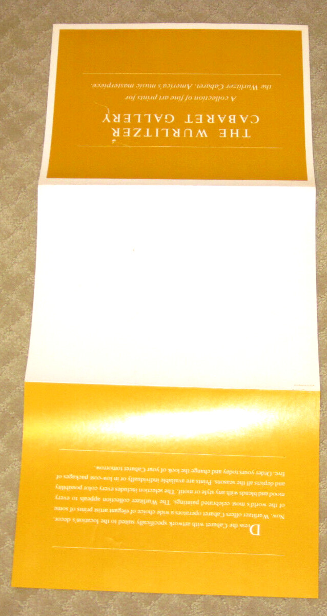 The Wurlitzer Cabaret Gallery Jukebox Arcade Flyer / Brochure / Ad / Foldout