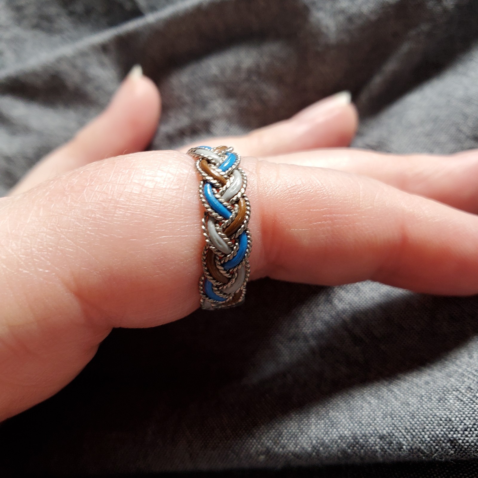 Handmade Upcycled Wire Ring, size 9.5 blue brown gray and silver