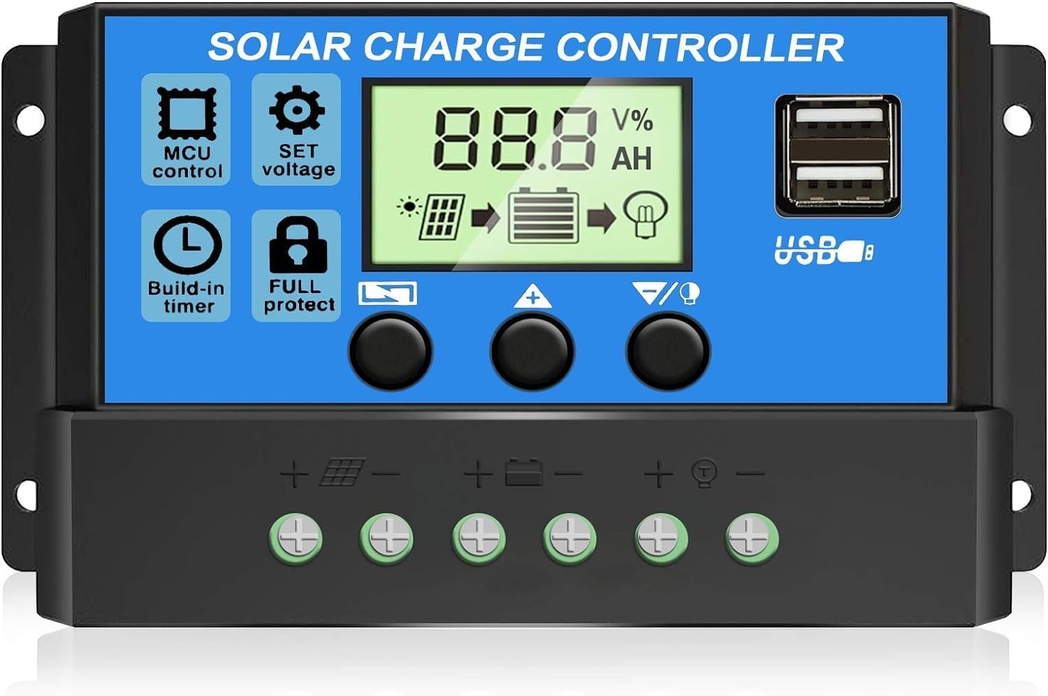 30A PWM Solar Charge Controller with Dual USB Ports & Adjustable LCD Display