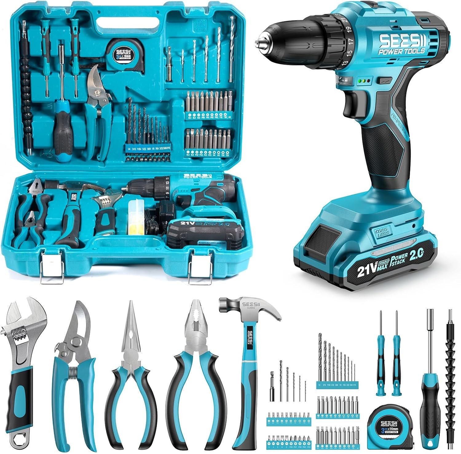 Seesii 190pcs Repair Basic Toolbox Tools Sets & Cordless Electric Driver w/ Case