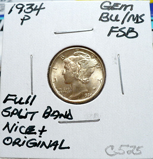 1934-P MERCURY DIME GEM+ BU/MS FSB, NICE+, ORIGINAL, SHARP STRIKE C525