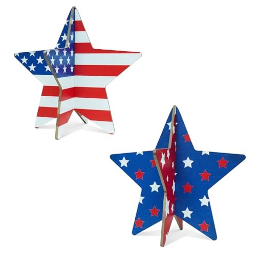 10 Inch 4th of July Home Decorations Wooden Stars Set, Vintage Star Book Stand