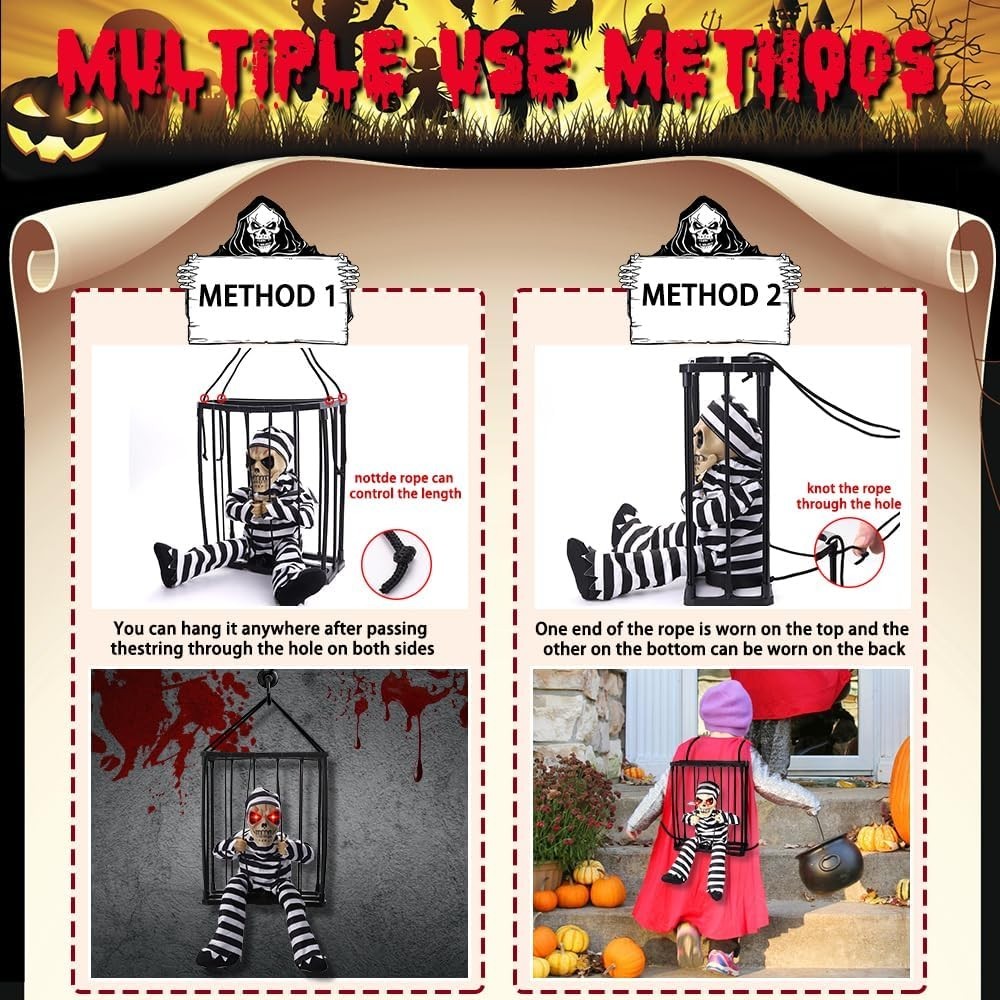 Animated Halloween Skull Ghost Hanging Prop Sound Touch Activated Skeleton