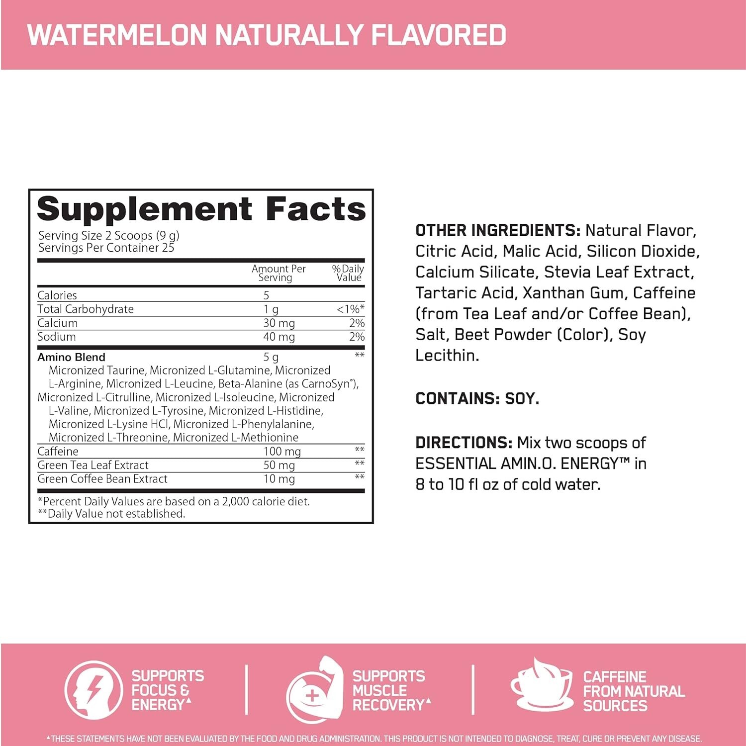 Amino Energy Optimum Nutrition 25 Servs Keto Caffeine BCAA - Watermelon CLUMPY