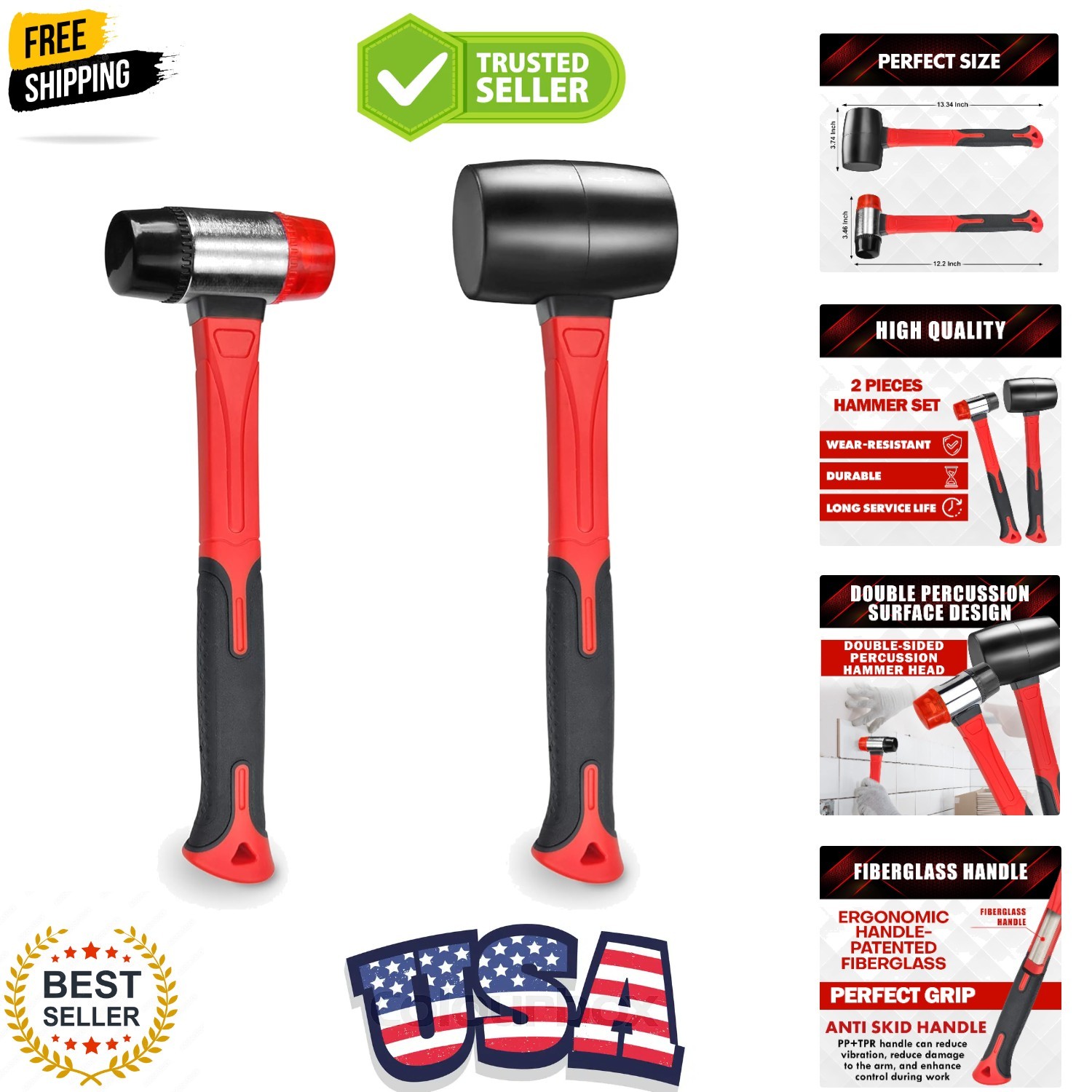 2Pcs Hammer Set, 16oz Rubber Mallet & 40mm Double-Faced Soft Mallet Fit for C...