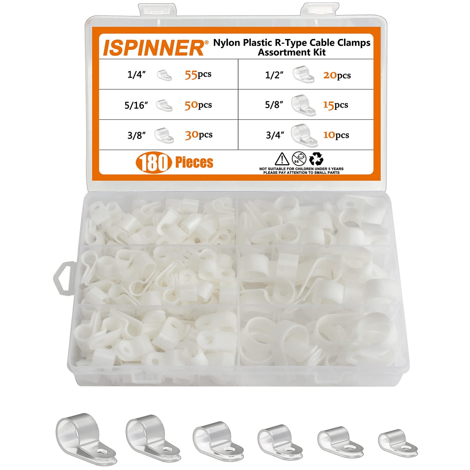 ISPINNER 180pcs Nylon Plastic 1/4", 5/16", 3/8", 1/2", 5/8", 3/4", White