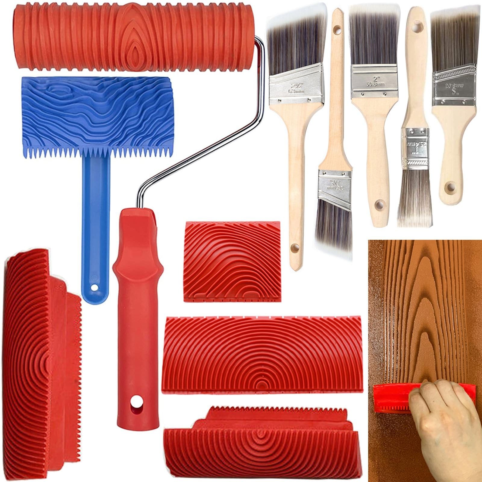 Wood Grain Tool, 11pcs Graining Tool Set 7" Roller Red