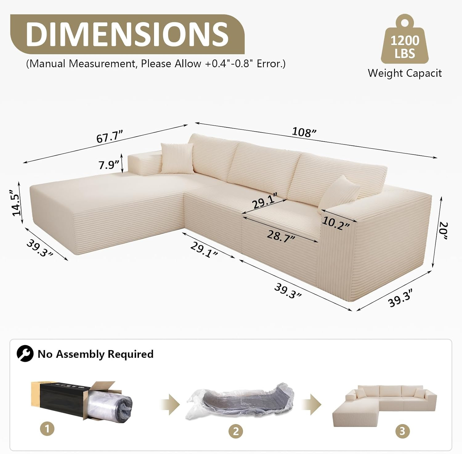 108" Modular Sectional Sofa — Oversized Cloud Couch with L-Shape Chaise, Upholst