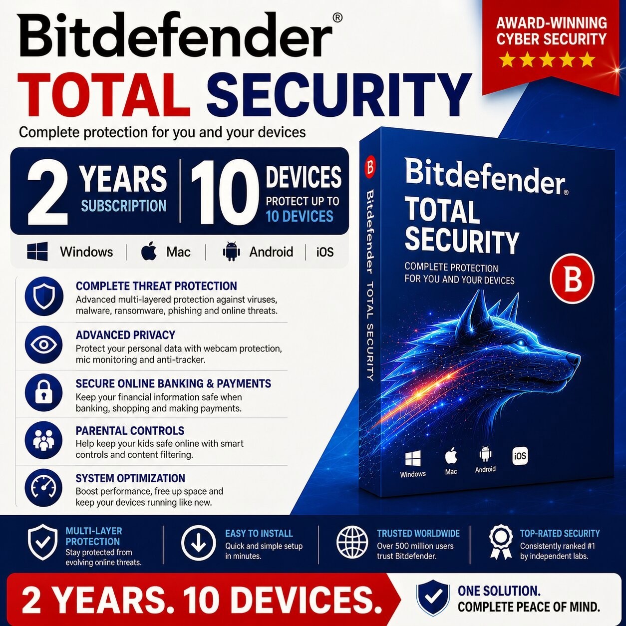 Bitdefender Total Security 2026  2 Years 10 Devices + Daily VPN (Works Globally)