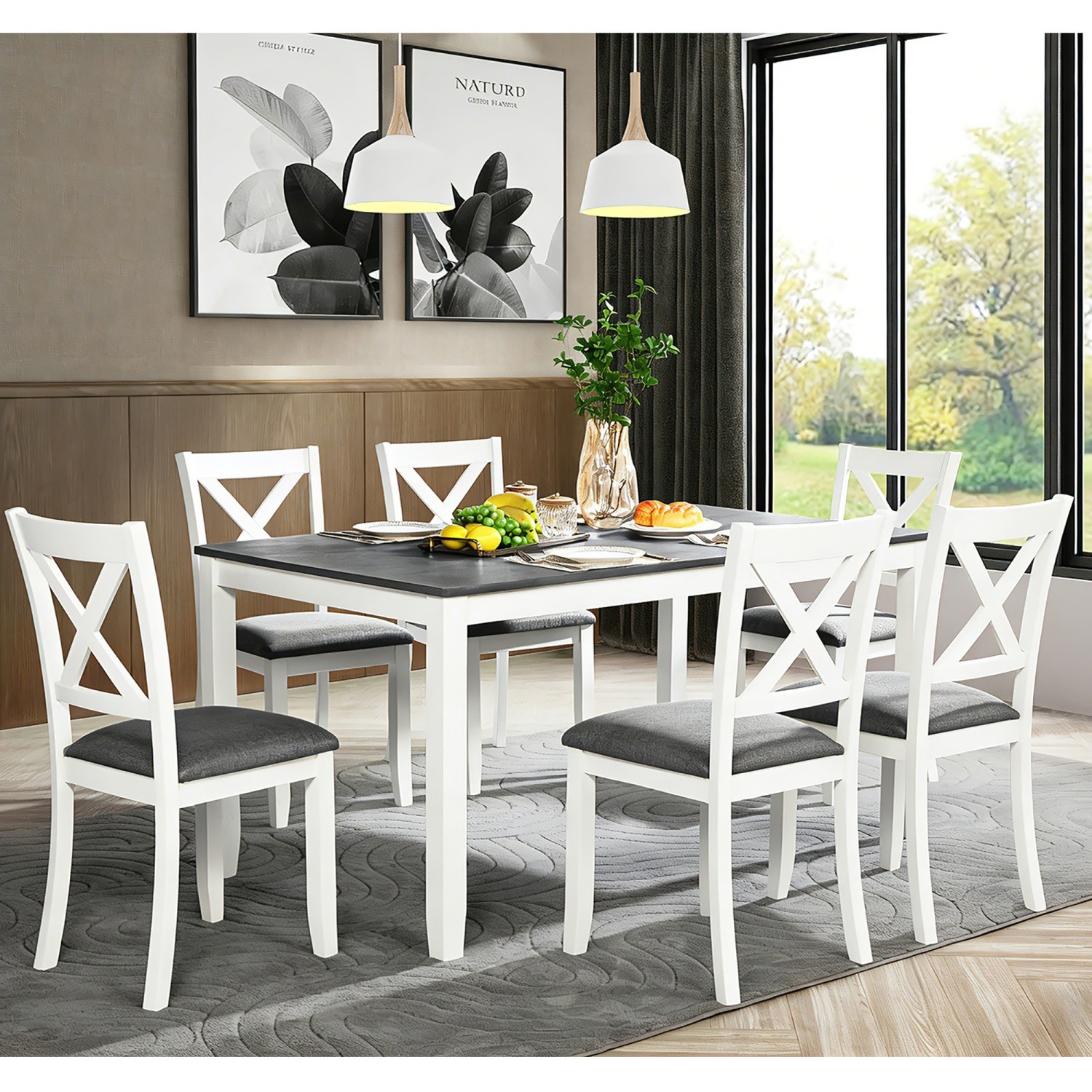 Modern 7-Piece Solid Wood Frame Dining Table Set w/ Table & 4 Upholstered Chairs