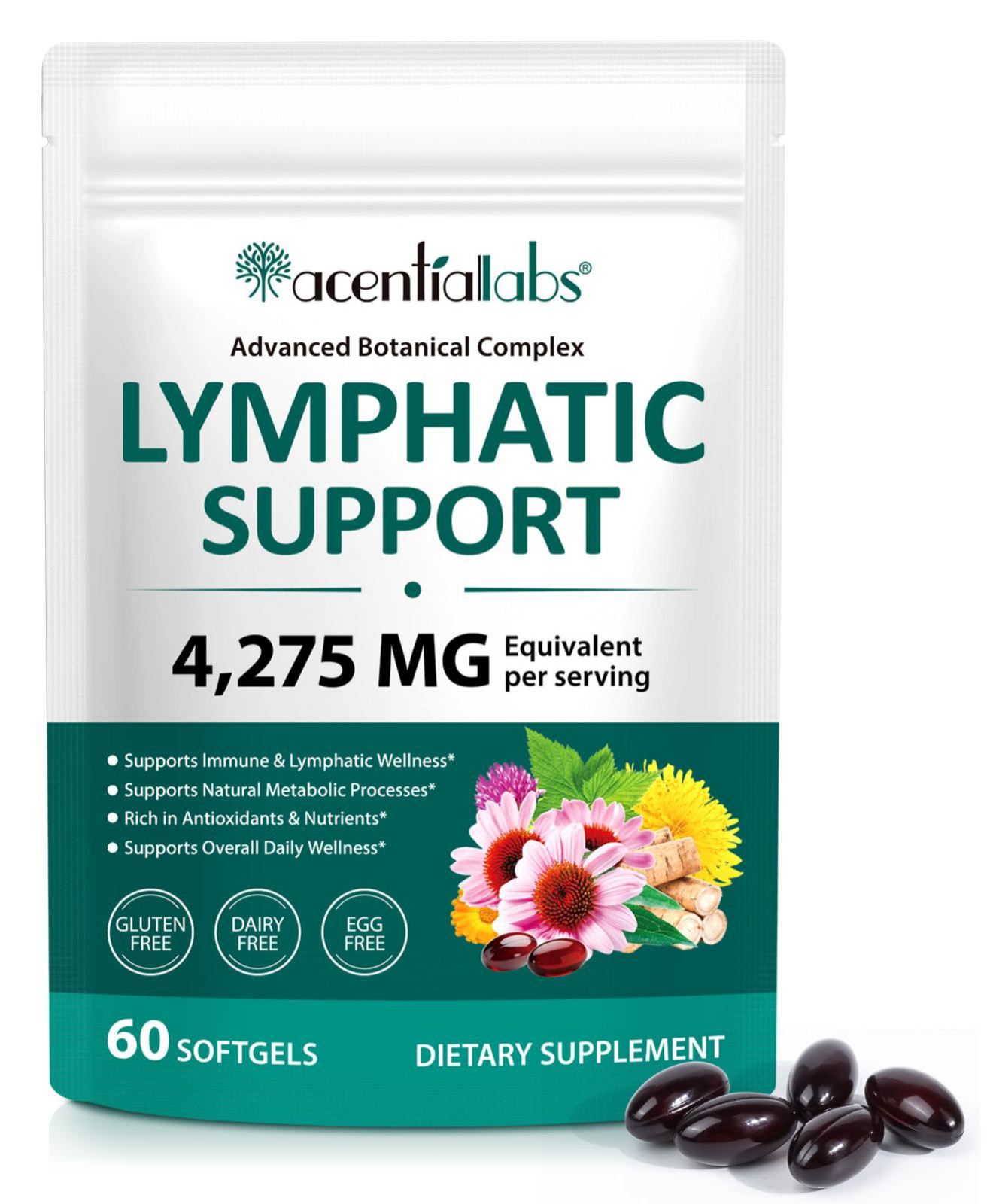Acentiallabs Lymphatic Support Advanced Botanical Complex Echinacea 60 Softgels