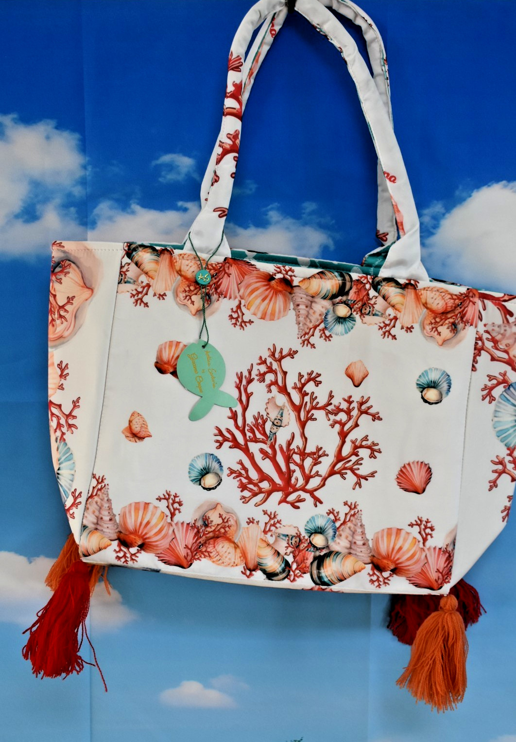Antica Sartoria 2025 TASSEL TOTE CORAL AND SHELLS BEACH BAG/PURSE/TOTE NWT