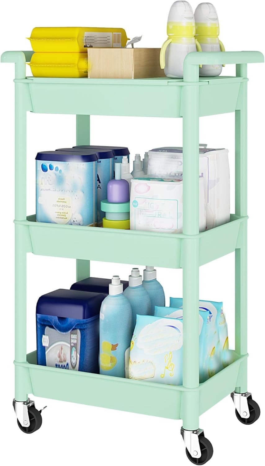 3-Tier Utility Rolling Cart with Cover Top Board, Mobile Utility Cart with Locka