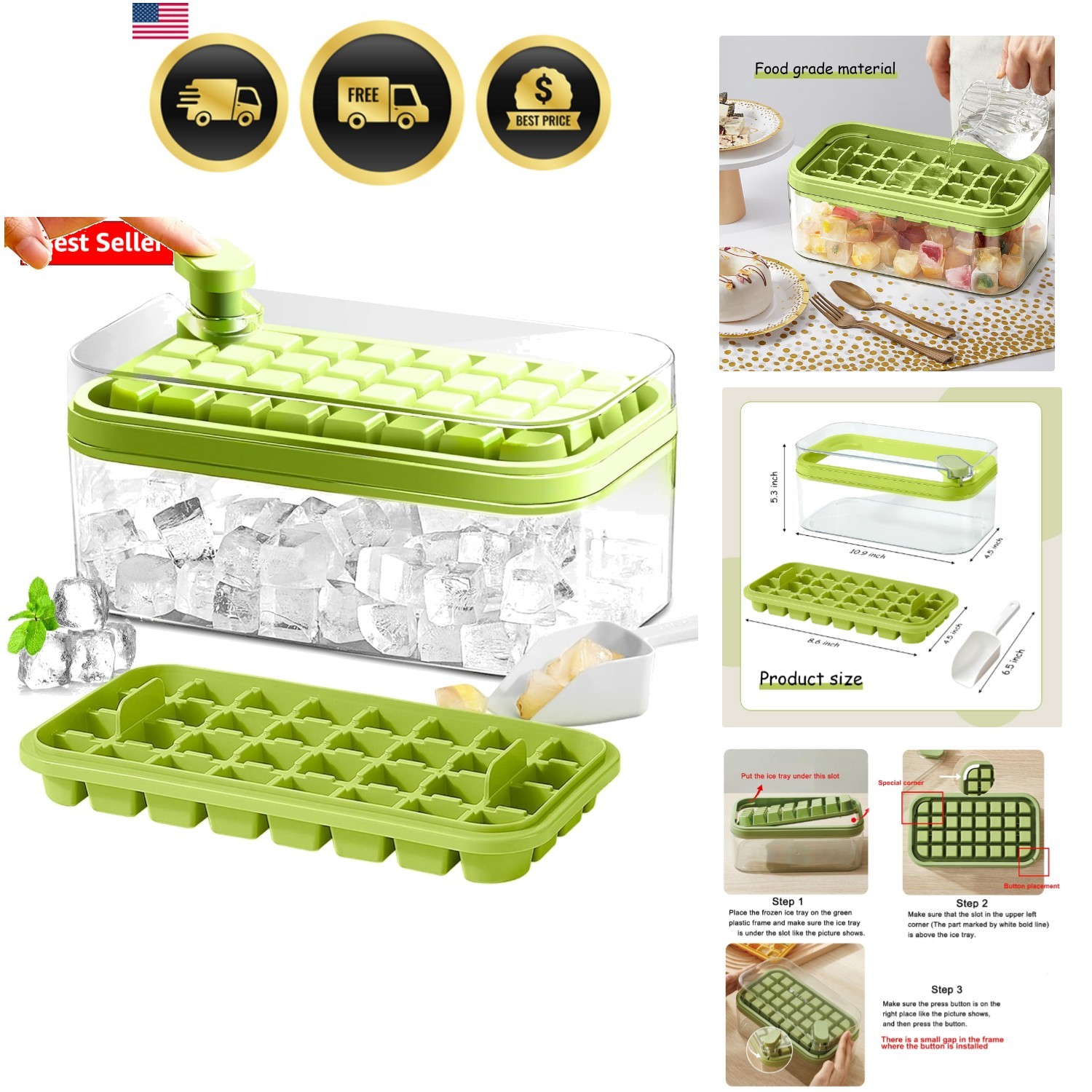 Ice Cube Tray with Lid and Bin, 2 Pack Ice Cube Trays for Freezer, 64 Pcs Ice...