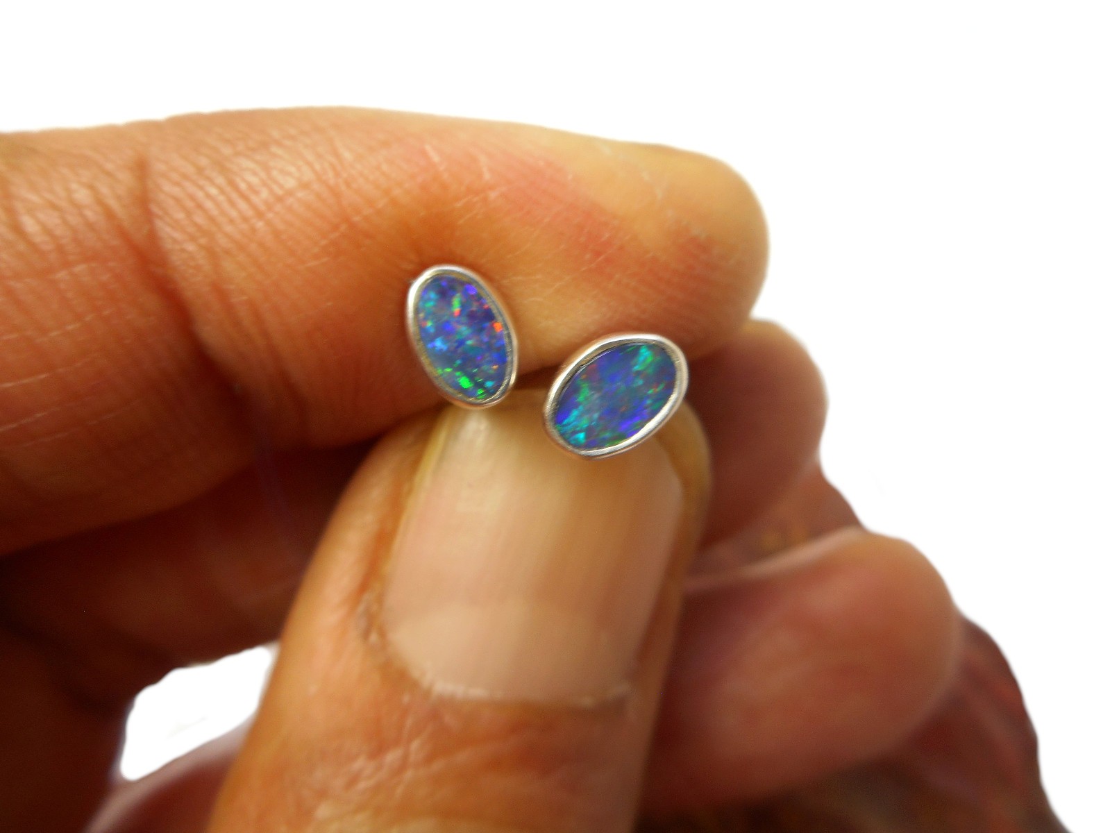 Natural Small Australian Opal Stud Earrings - Sterling Silver Gemstone