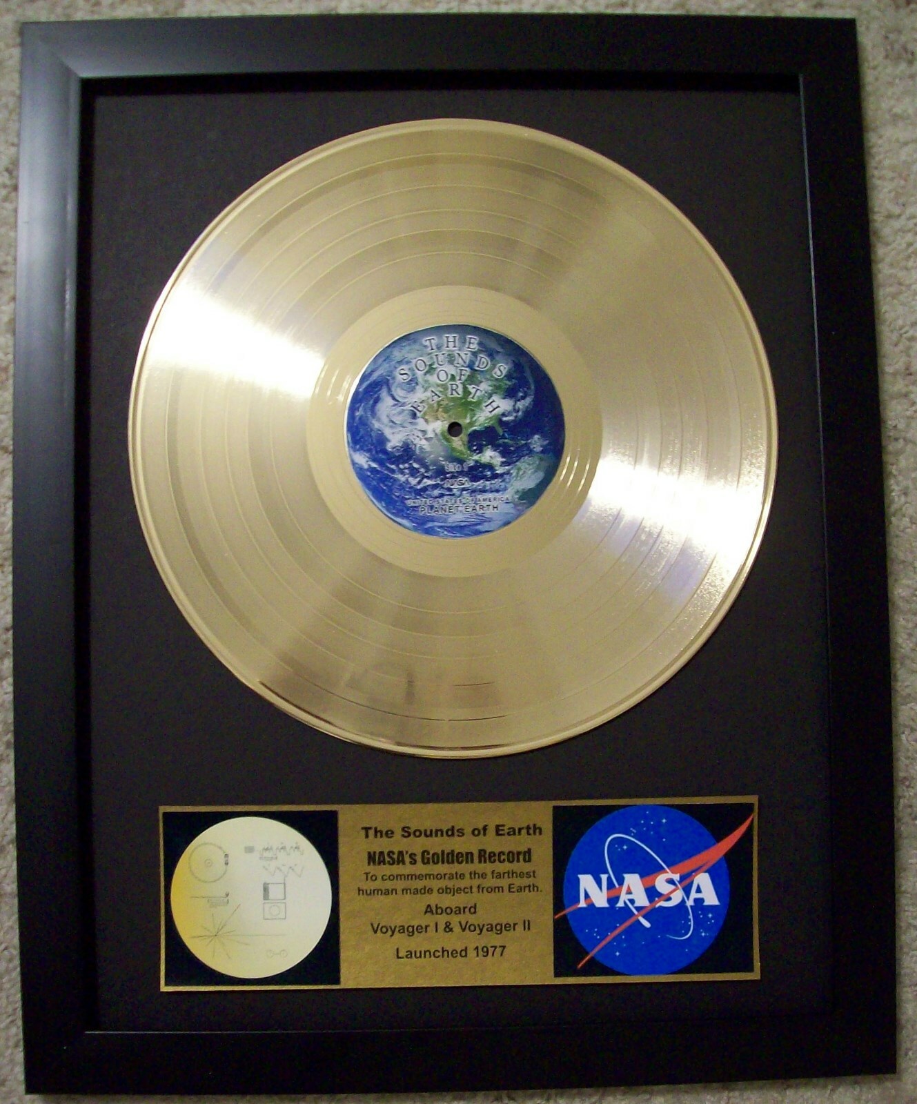 Full Size NASA Voyager 1 & 2 Gold Golden Record Album Disk +Plaque include Frame