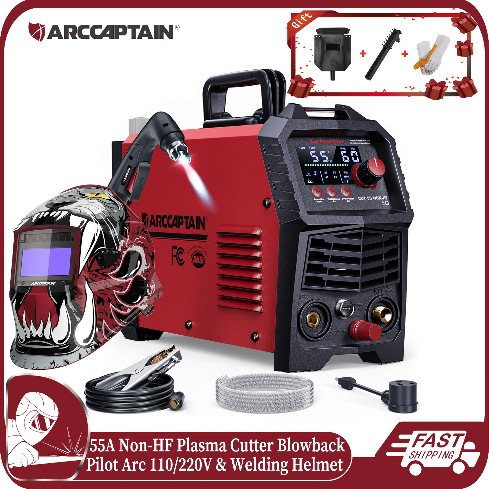 ARCCAPTAIN 55A Plasma Cutter Non-HF Pilot Arc Blowback IGBT LED & Welding Helmet