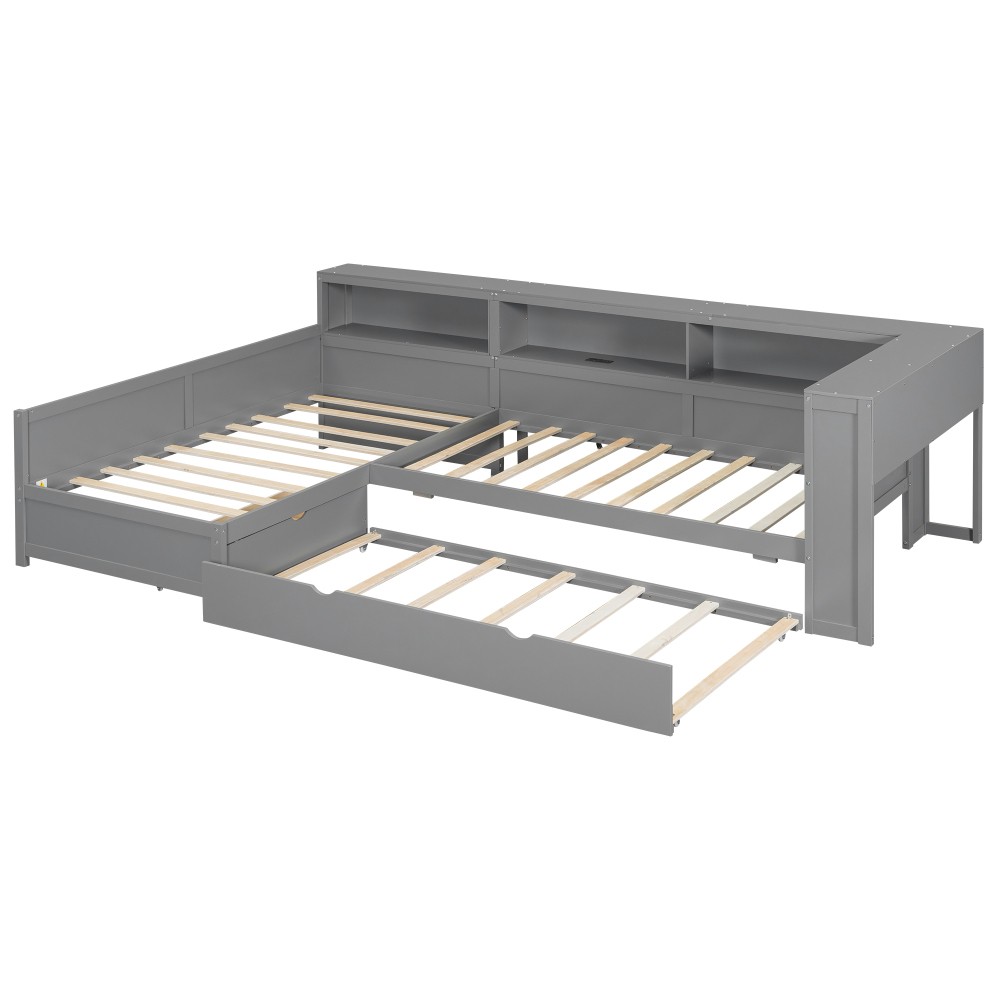 Twin L-Shaped Daybed with Trundle, 5 Shelves, Drawer, Grey Wood