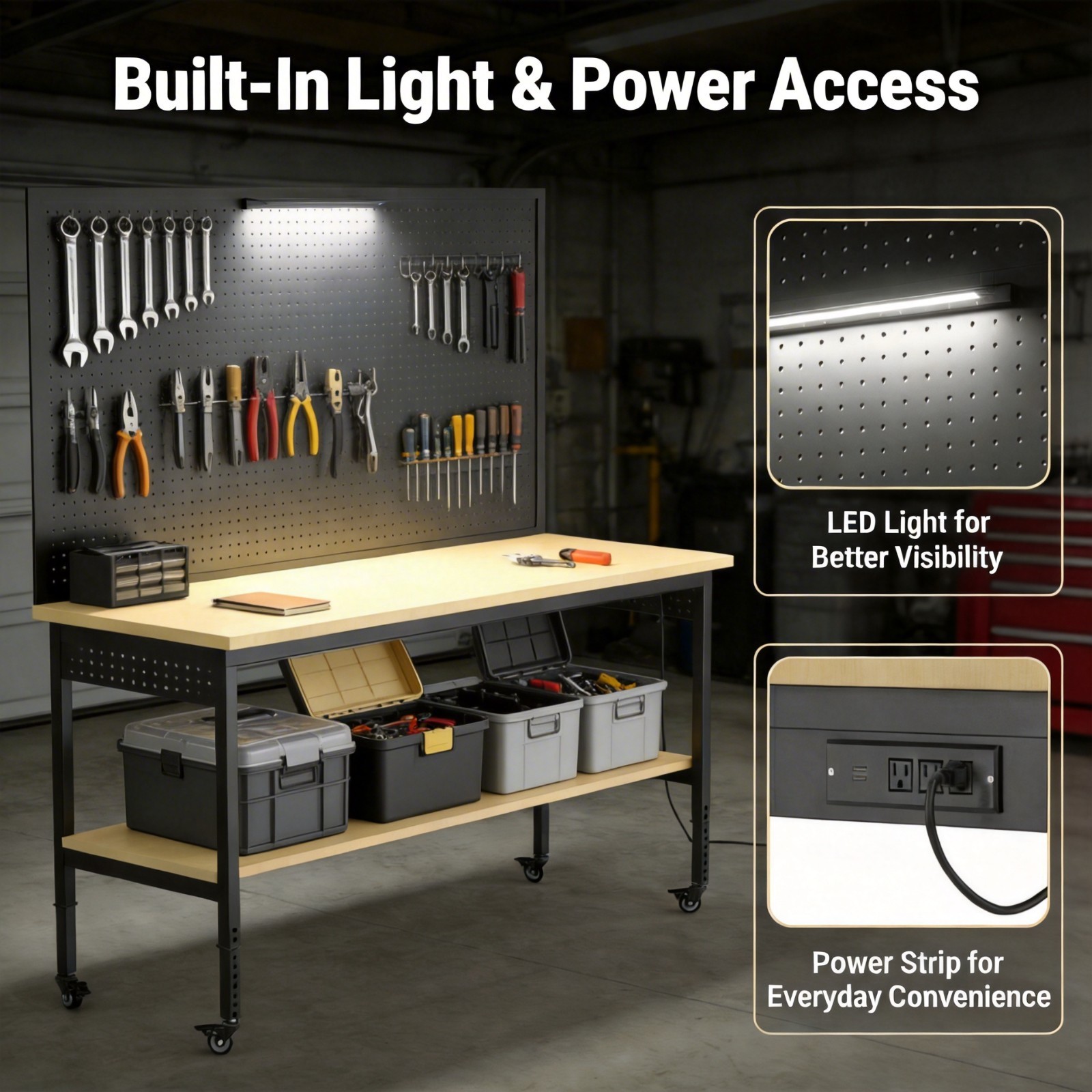 60" Garage Workbench 2000LBS w/ Pegboard LED Light Adjustable Rolling Table