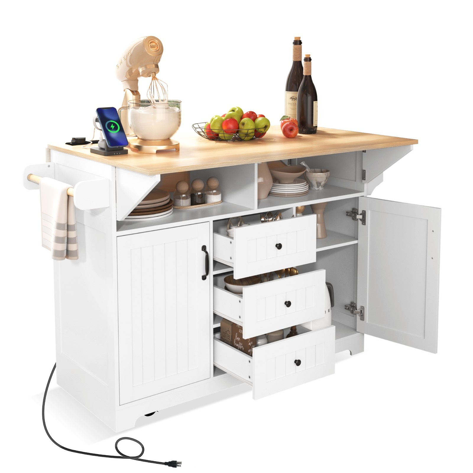 White 55.7'' Large Kitchen Island 2 Drop Leaf,, Rolling Kitchen Cart 5 Wheels