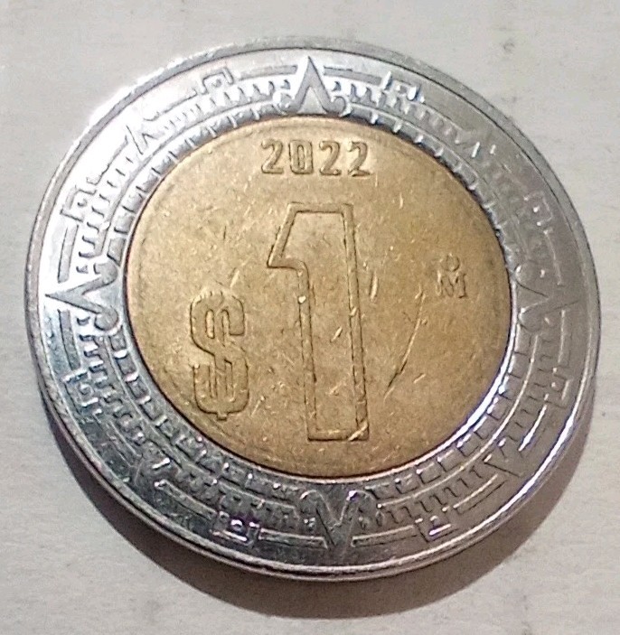 Un Peso 2022 Mexico Bimetallic Coin $1 Anillo Del Resplandor Piedra Del Sol