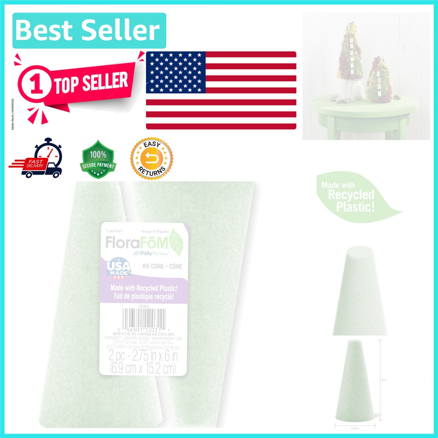 Lightweight Green Foam Cones - 2 Count, Perfect for Floral and Craft Projects