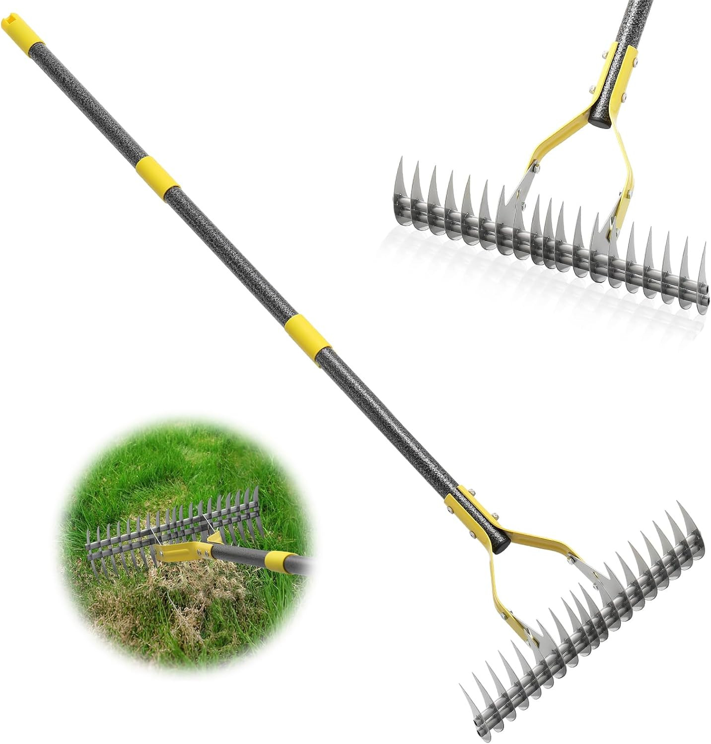 Strong Dethatcher Rake 19 tines / 55" long Garden tool for yard Lawn Field plant