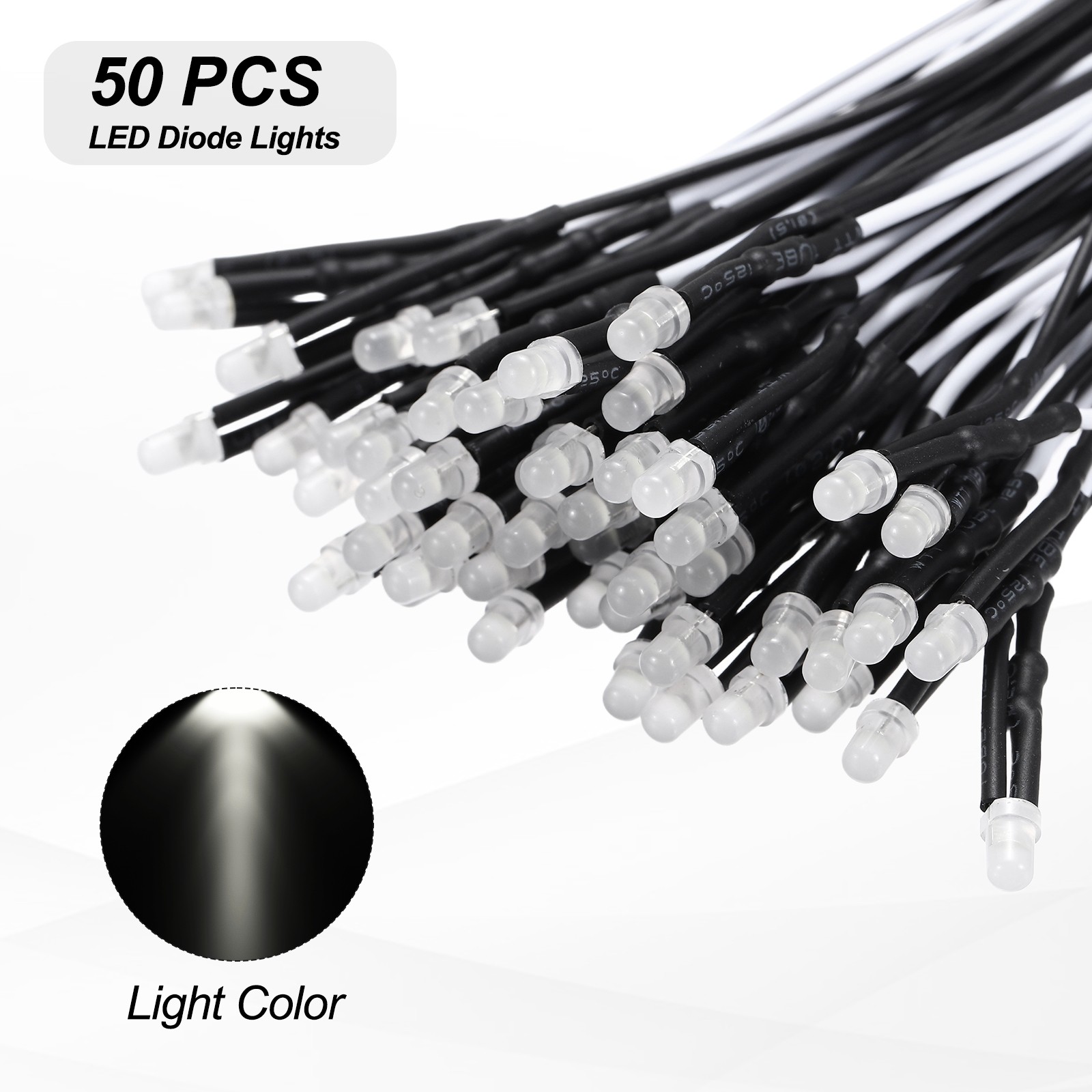 50pcs 3mm LED Diode Lights, White Light DC 12V for Electronics